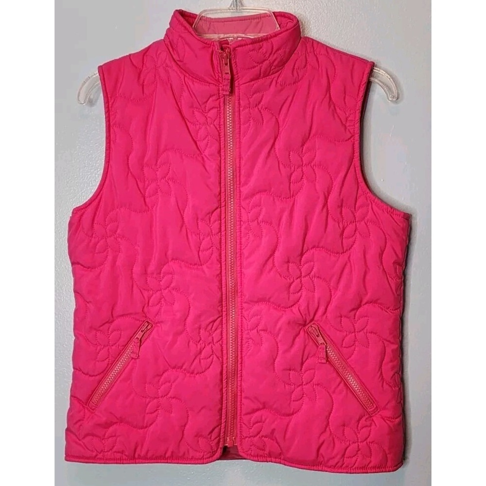 Hanna‎ Andersson Zip Up Vest XS Hot Pink Sleeveless EUC Stitched Floral Design